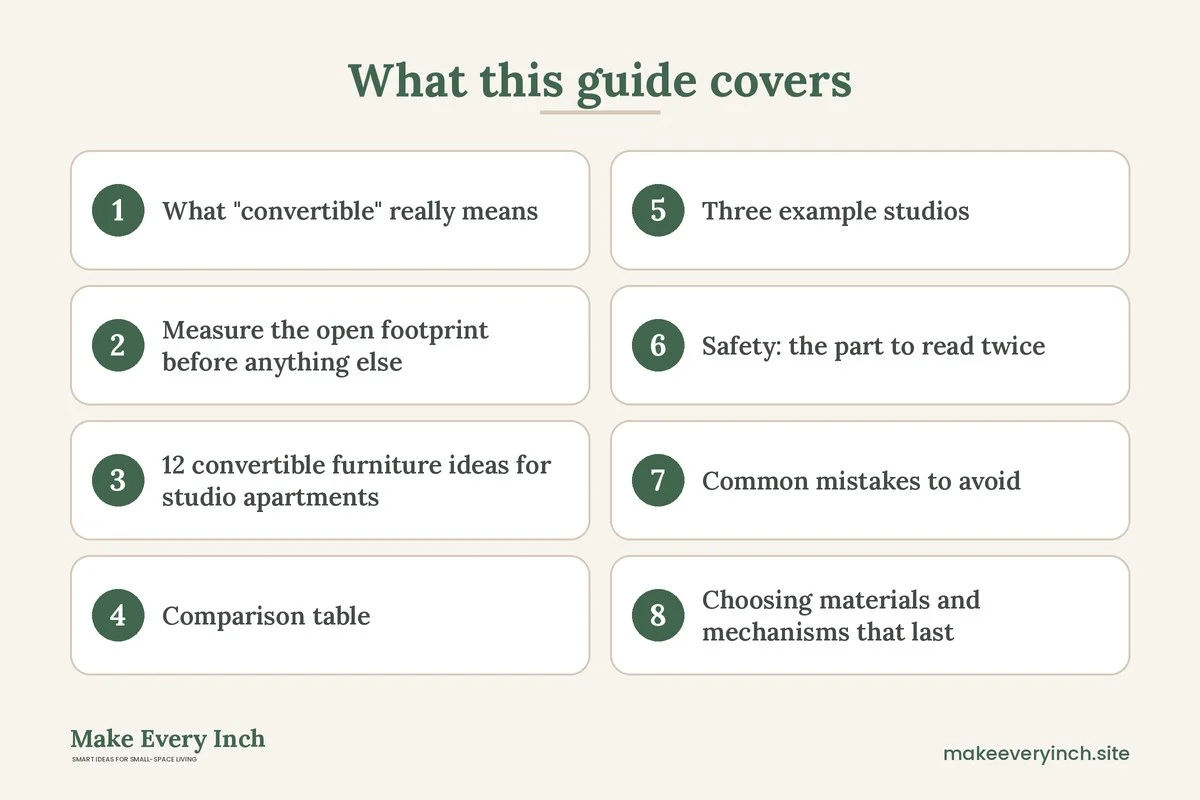Graphic listing 8 topics covered in: Convertible Furniture Ideas for Studio Apartments
