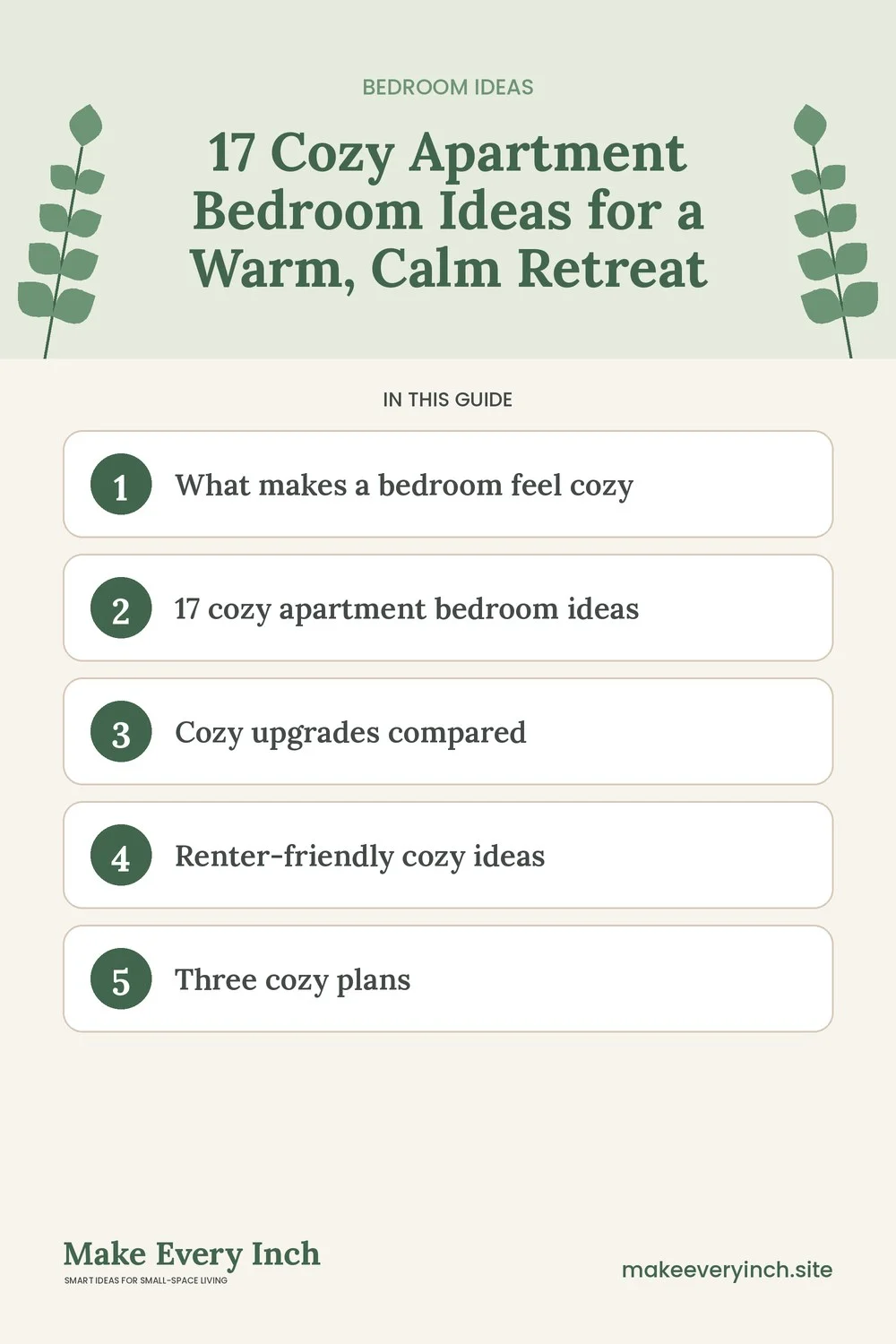 Pinterest pin listing the main topics in: 17 Cozy Apartment Bedroom Ideas for a Warm, Calm Retreat