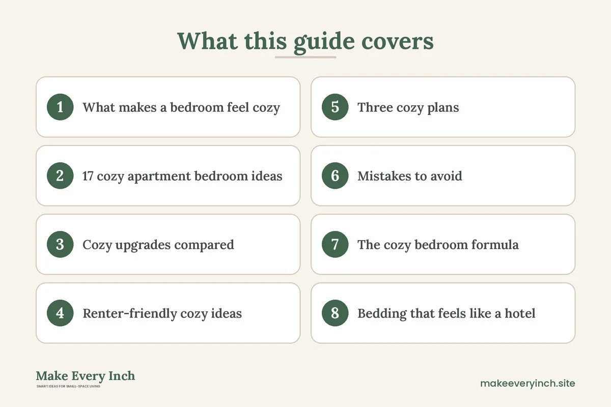 Graphic listing 8 topics covered in: 17 Cozy Apartment Bedroom Ideas for a Warm, Calm Retreat