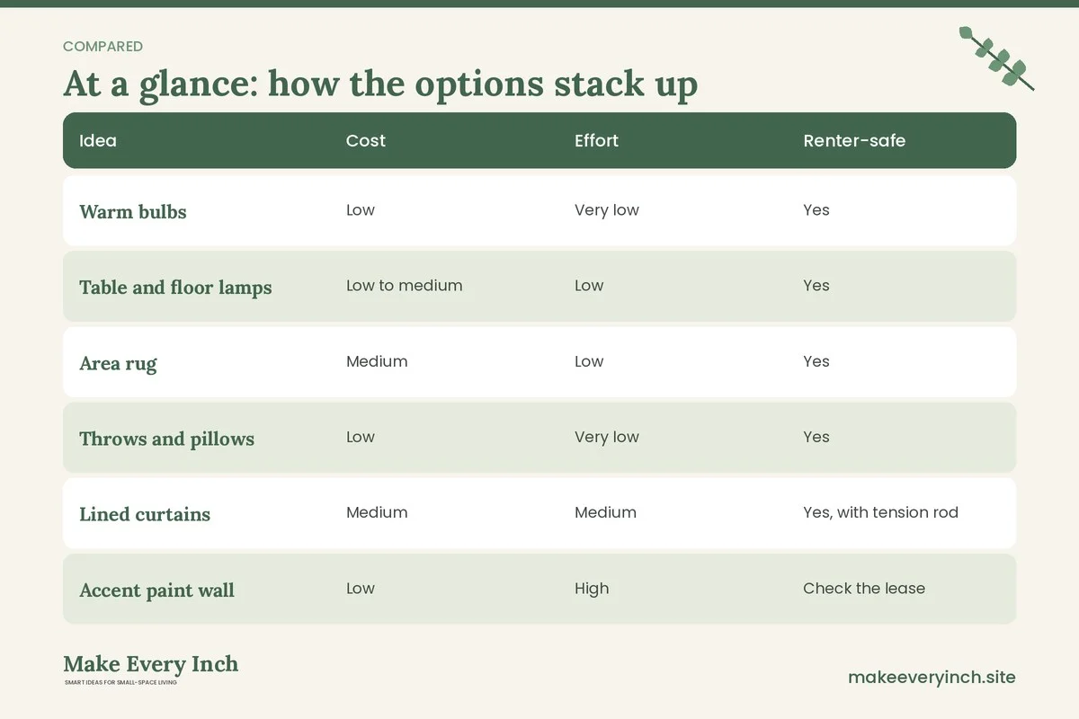 Comparison table of options for: 23 Cozy Apartment Ideas for Warmth in Every Room (Idea, Cost, Effort, Renter-safe)