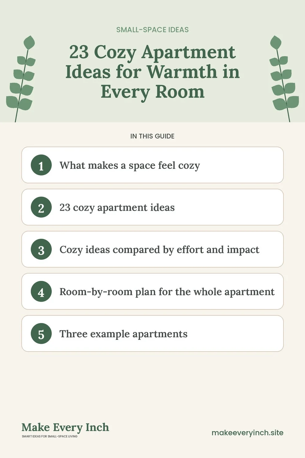 Pinterest pin listing the main topics in: 23 Cozy Apartment Ideas for Warmth in Every Room