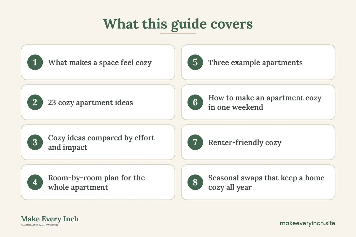 Graphic listing 8 topics covered in: 23 Cozy Apartment Ideas for Warmth in Every Room
