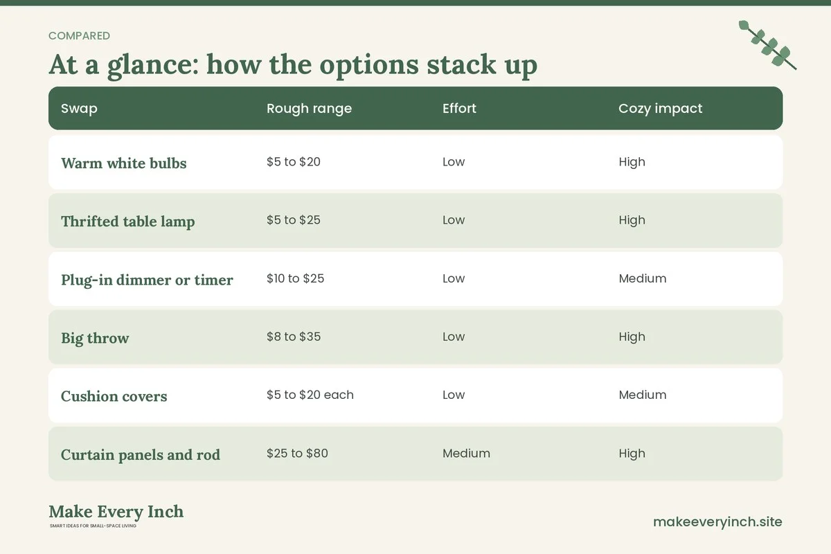 Comparison table of options for: 17 Cozy Small Living Room Ideas Budget Swaps That Feel Warm (Swap, Rough range, Effort, Cozy impact)