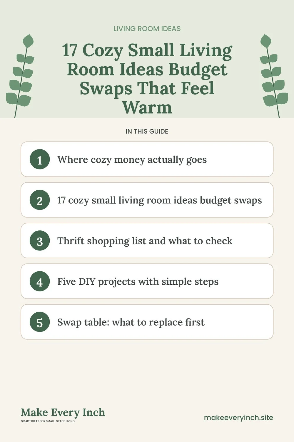 Pinterest pin listing the main topics in: 17 Cozy Small Living Room Ideas Budget Swaps That Feel Warm