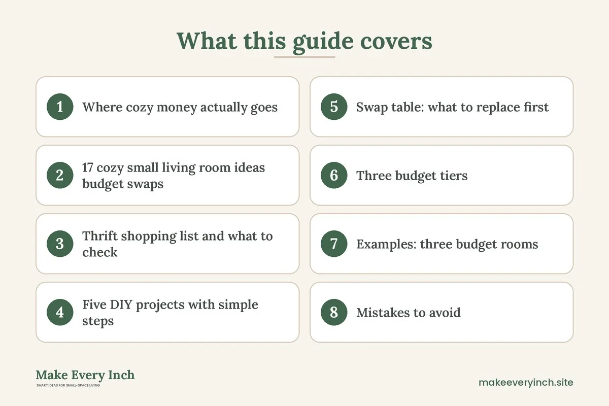 Graphic listing 8 topics covered in: 17 Cozy Small Living Room Ideas Budget Swaps That Feel Warm