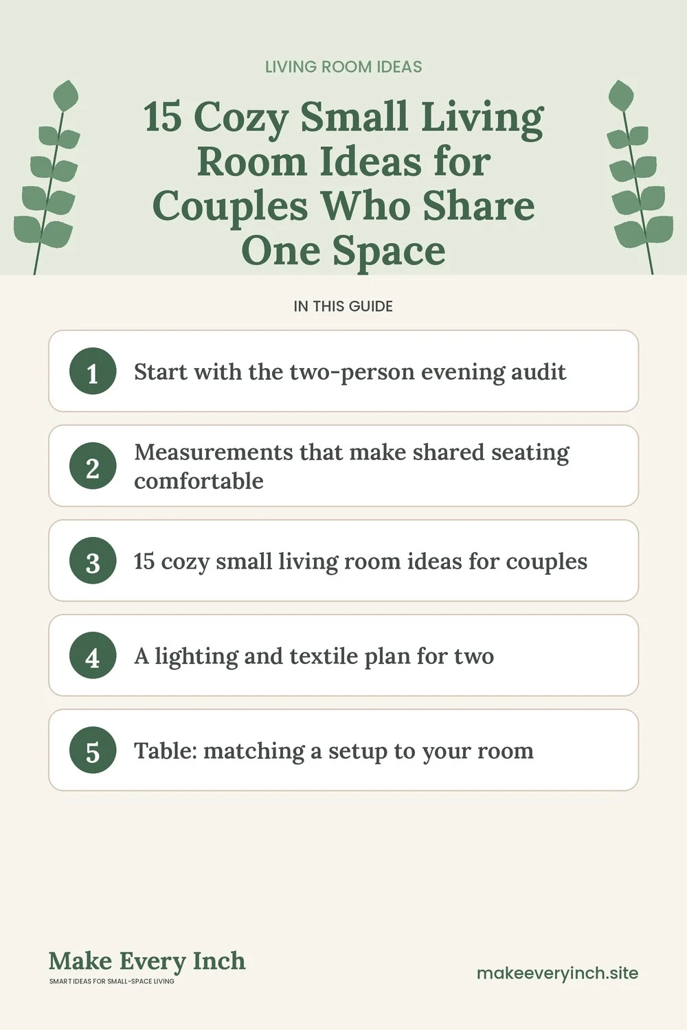Pinterest pin listing the main topics in: 15 Cozy Small Living Room Ideas for Couples Who Share One Space