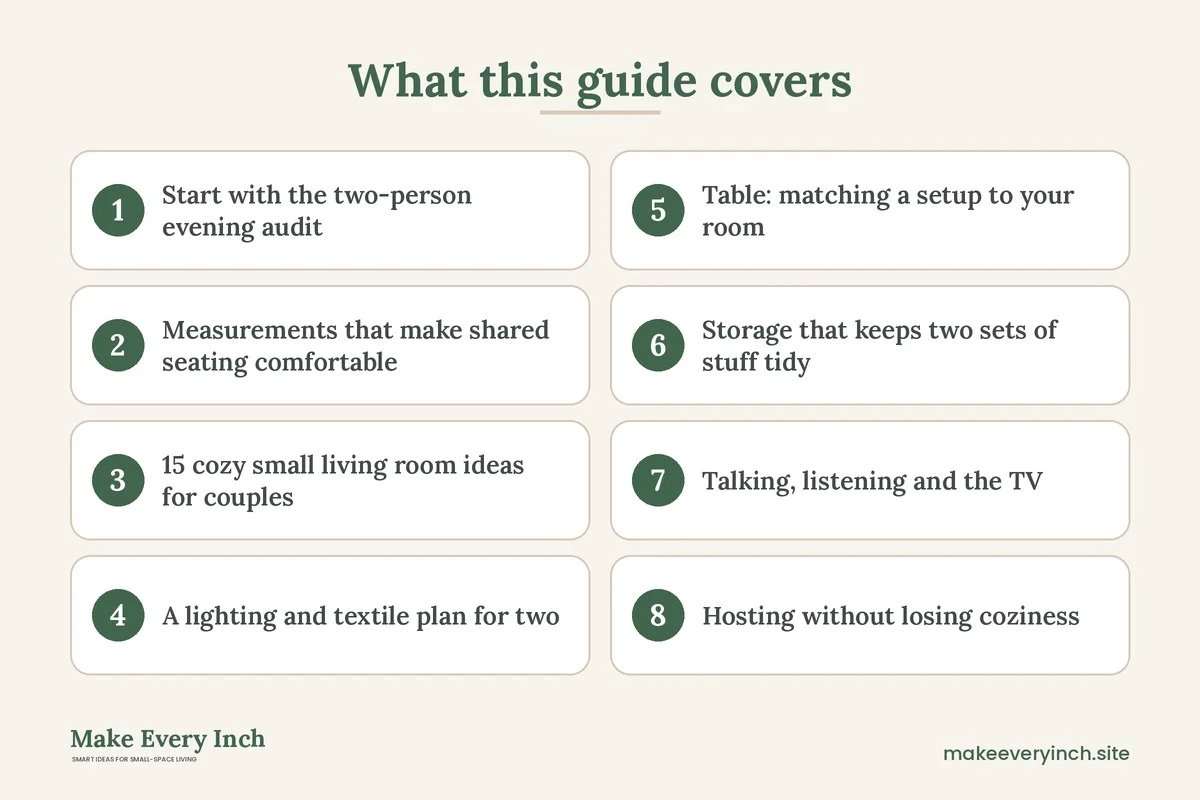 Graphic listing 8 topics covered in: 15 Cozy Small Living Room Ideas for Couples Who Share One Space