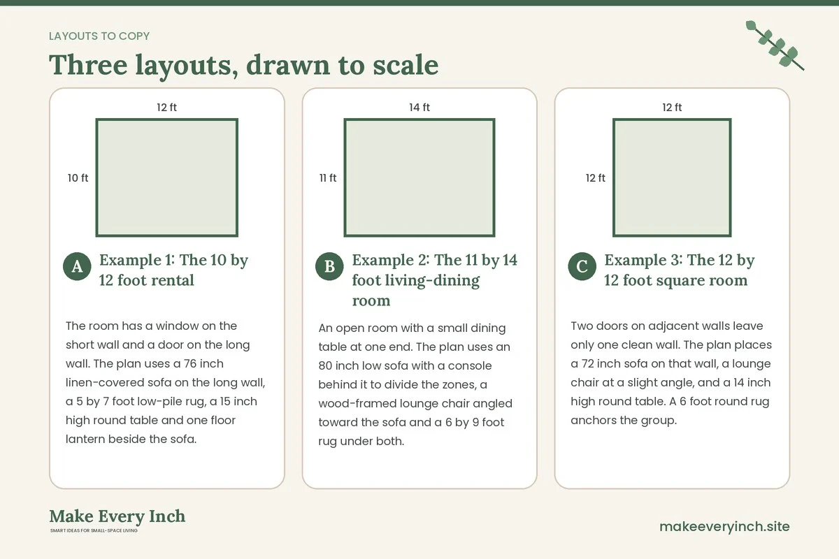 Three room layouts drawn to scale with dimensions and placement notes for: 15 Cozy Small Living Room Ideas Japandi Rooms Use for Warmth