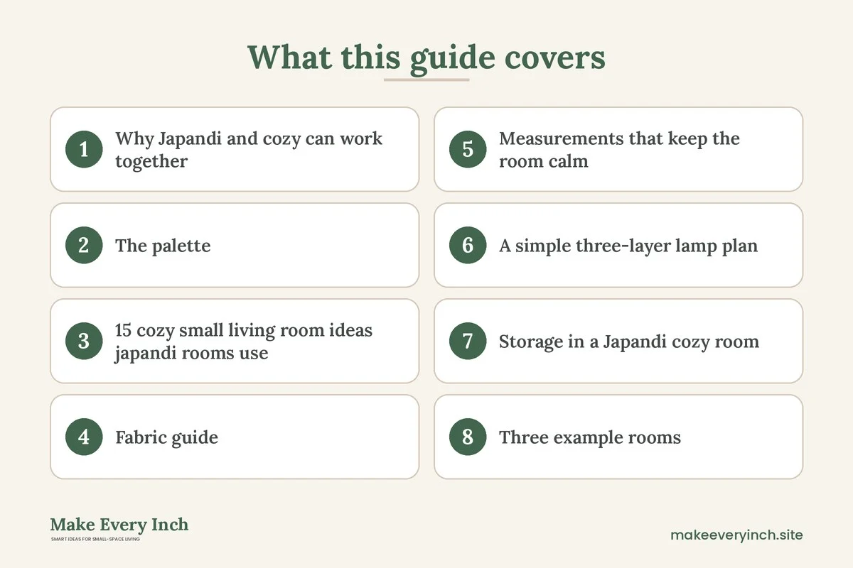 Graphic listing 8 topics covered in: 15 Cozy Small Living Room Ideas Japandi Rooms Use for Warmth