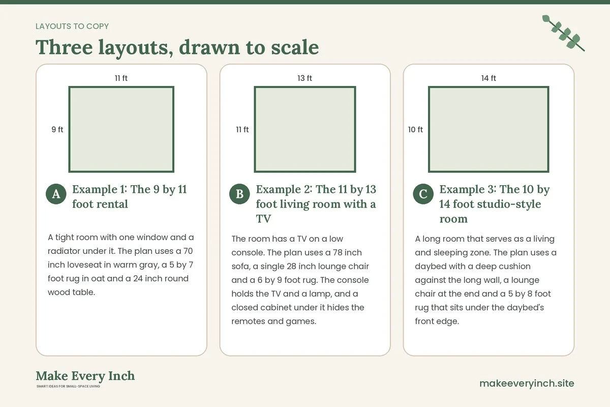 Three room layouts drawn to scale with dimensions and placement notes for: 13 Cozy Small Living Room Ideas Minimalist Rooms Can Use