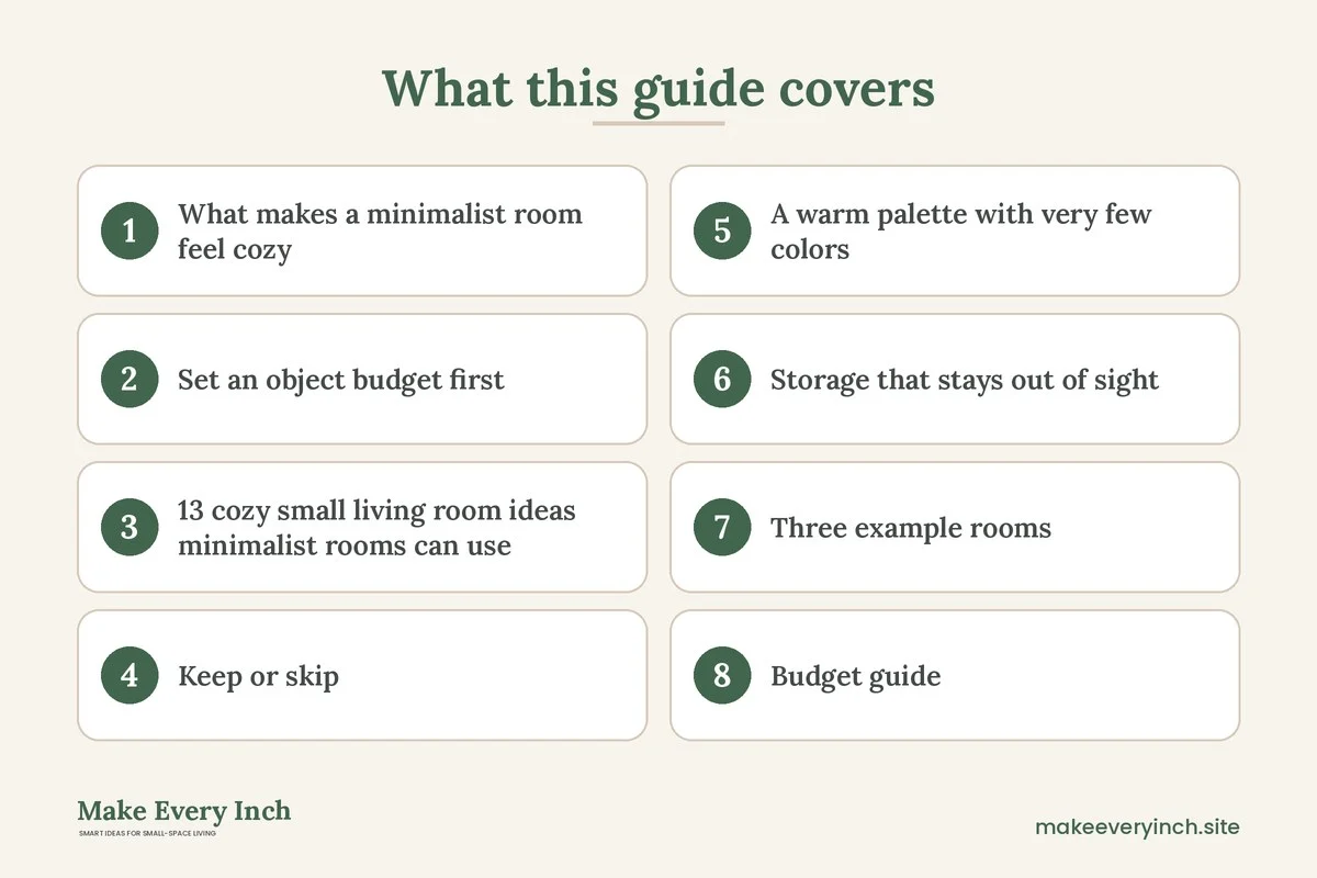 Graphic listing 8 topics covered in: 13 Cozy Small Living Room Ideas Minimalist Rooms Can Use
