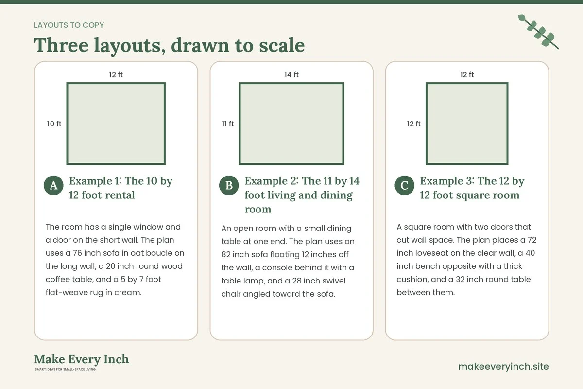 Three room layouts drawn to scale with dimensions and placement notes for: 14 Cozy Small Living Room Ideas Modern Style Makes Warm