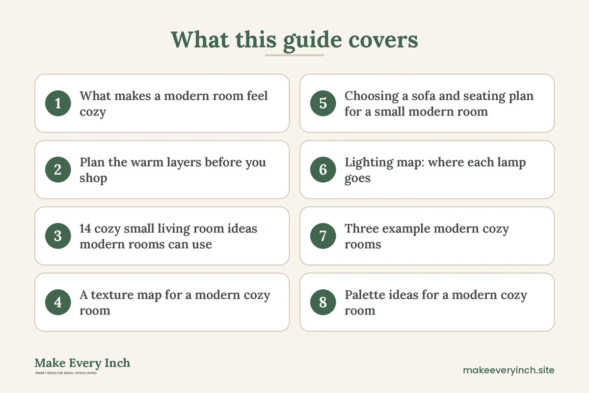 Graphic listing 8 topics covered in: 14 Cozy Small Living Room Ideas Modern Style Makes Warm