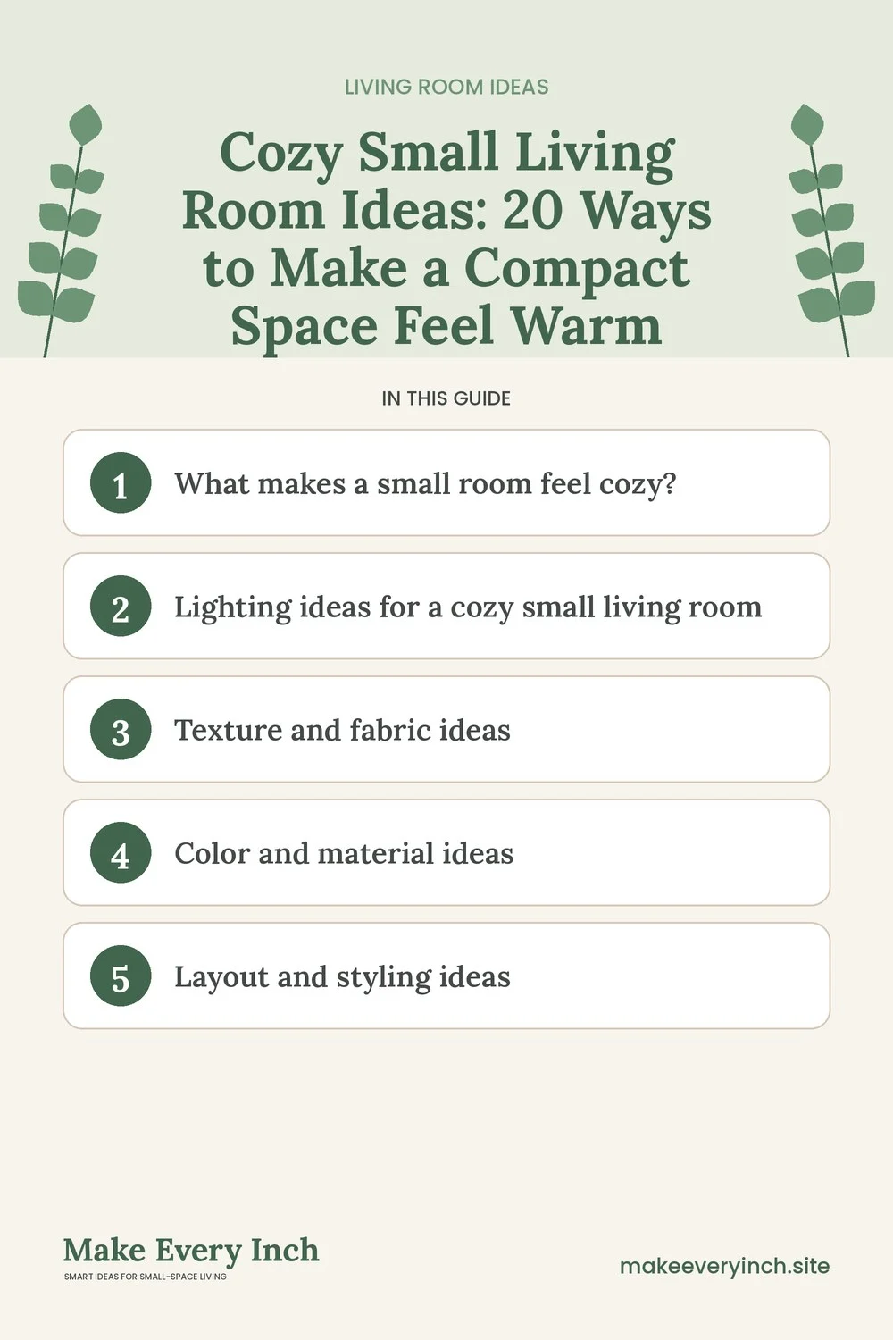 Pinterest pin listing the main topics in: Cozy Small Living Room Ideas