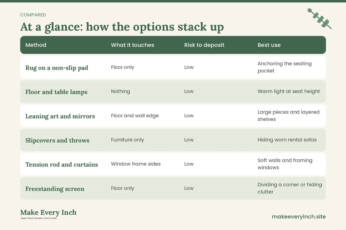 Comparison table of options for: 21 Cozy Small Living Room Ideas Renter Friendly Enough for Any Lease (Method, What it touches, Risk to deposit, Best use)