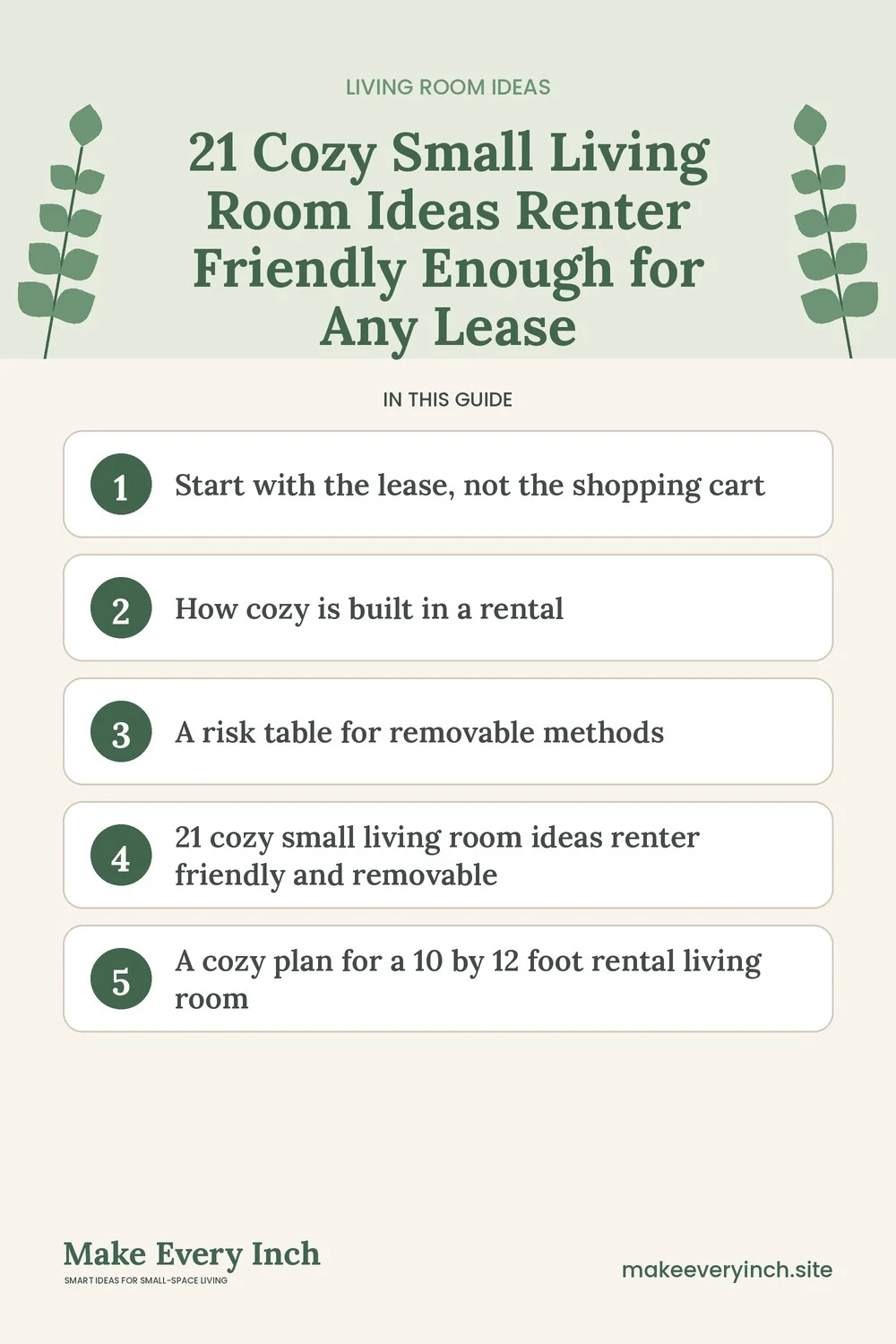 Pinterest pin listing the main topics in: 21 Cozy Small Living Room Ideas Renter Friendly Enough for Any Lease