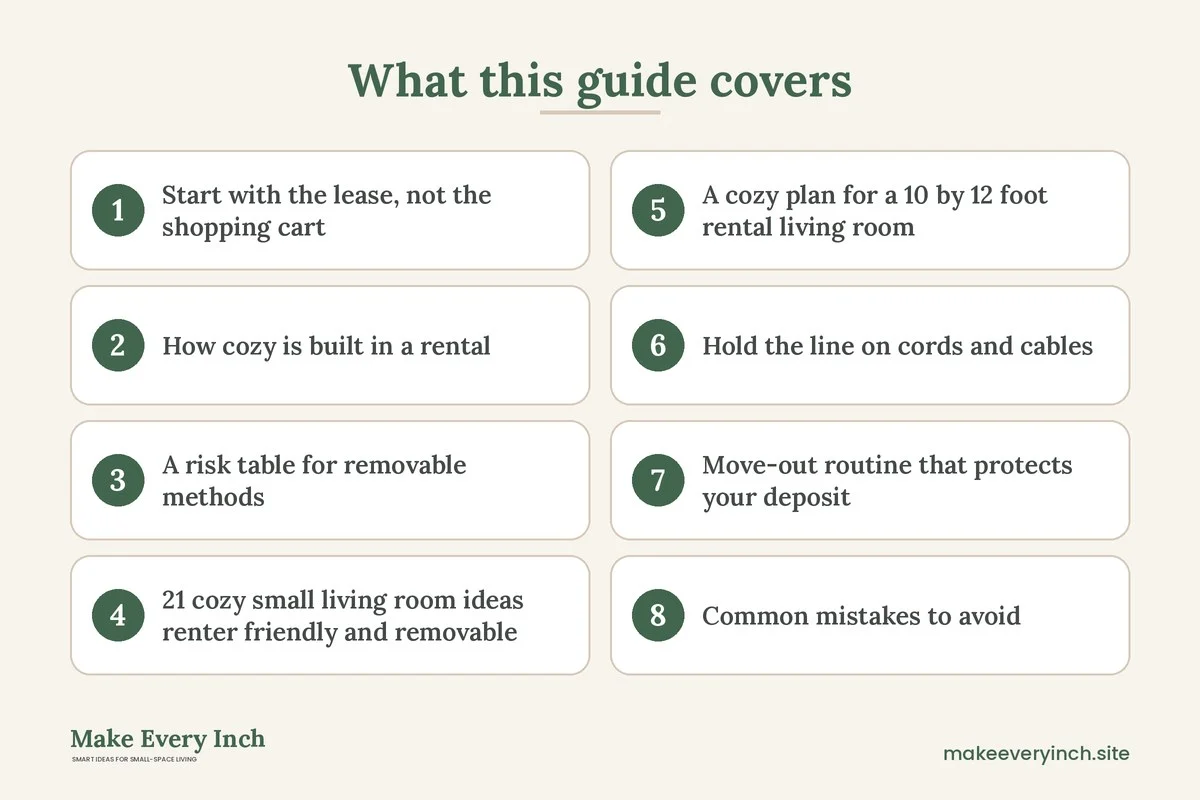 Graphic listing 8 topics covered in: 21 Cozy Small Living Room Ideas Renter Friendly Enough for Any Lease