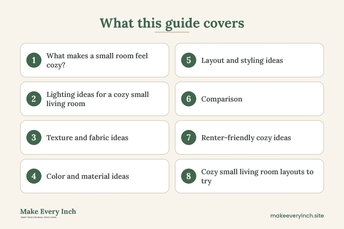 Graphic listing 8 topics covered in: Cozy Small Living Room Ideas