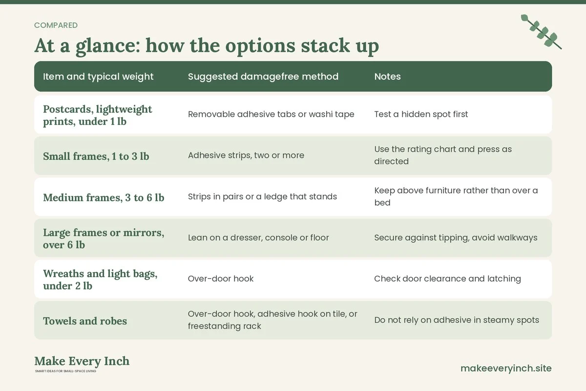 Comparison table of options for: Damage-Free Hanging Ideas for Small Homes (Item and typical weight, Suggested damagefree method, Notes)
