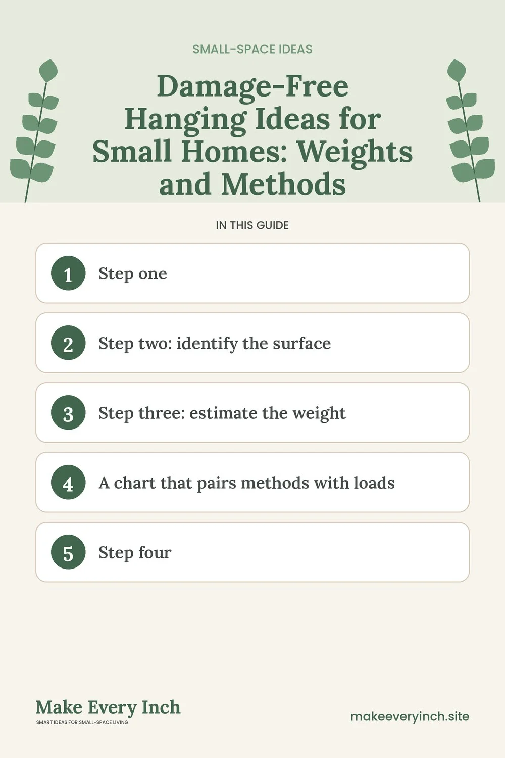 Pinterest pin listing the main topics in: Damage-Free Hanging Ideas for Small Homes