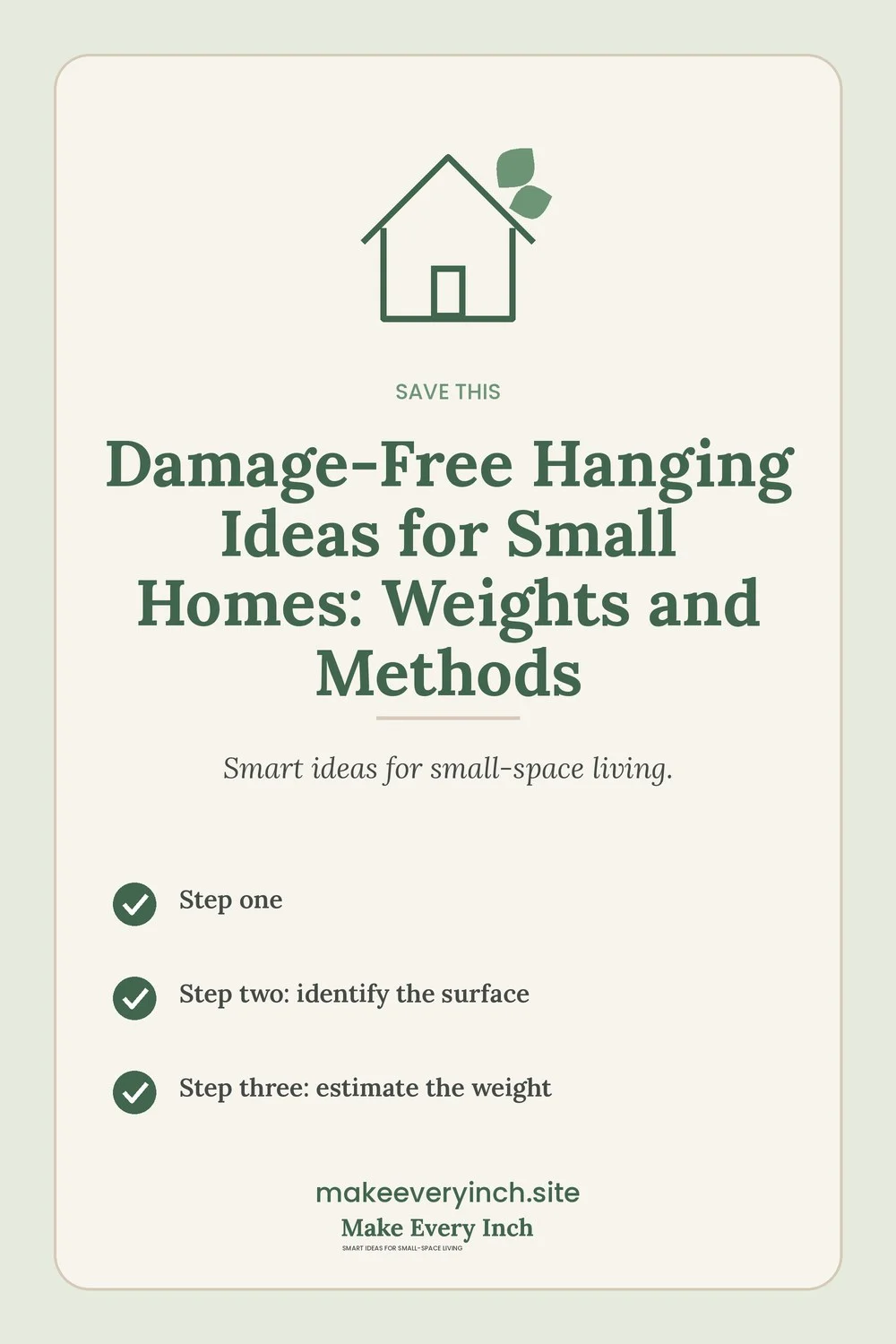 Save-this Pinterest pin with a short checklist for: Damage-Free Hanging Ideas for Small Homes