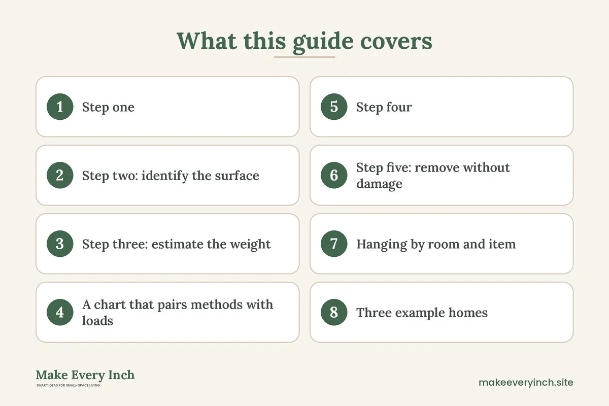 Graphic listing 8 topics covered in: Damage-Free Hanging Ideas for Small Homes