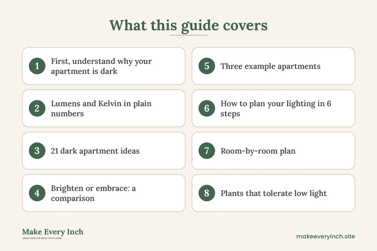 Graphic listing 8 topics covered in: 21 Dark Apartment Ideas