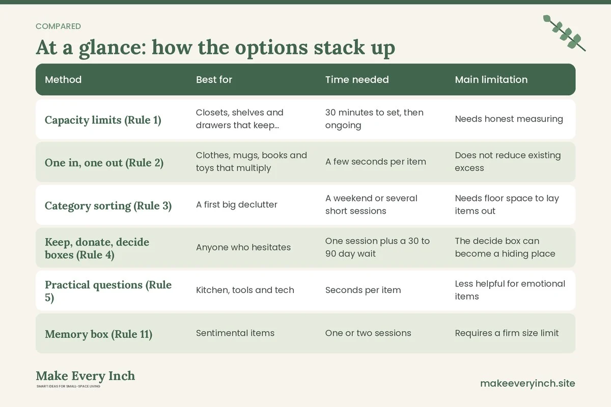 Comparison table of options for: Decluttering Rules for Small Homes (Method, Best for, Time needed, Main limitation)