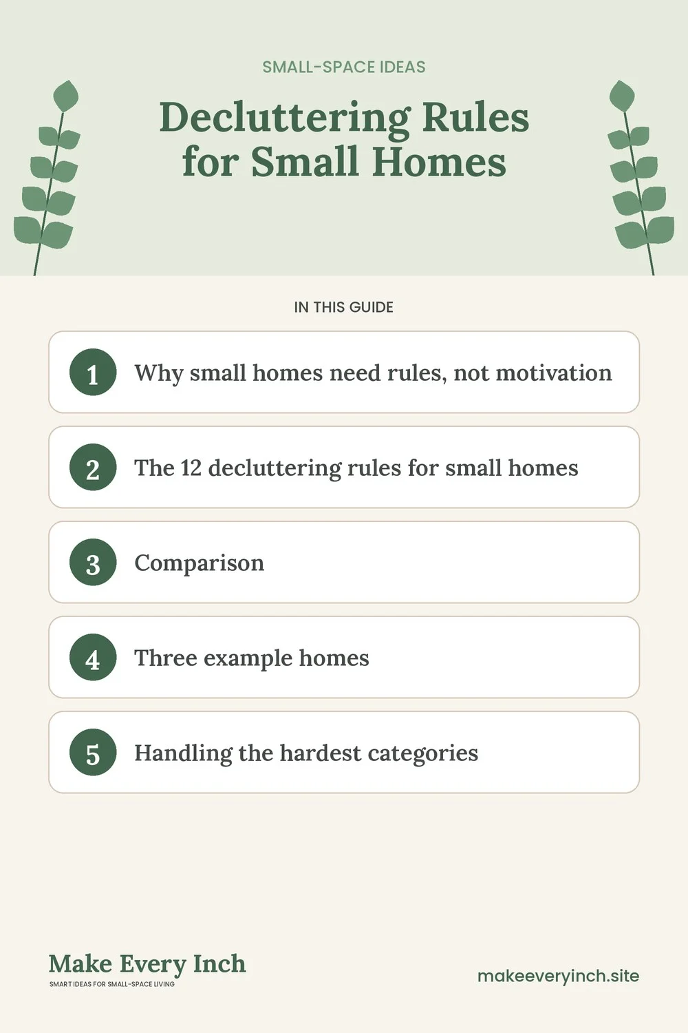 Pinterest pin listing the main topics in: Decluttering Rules for Small Homes