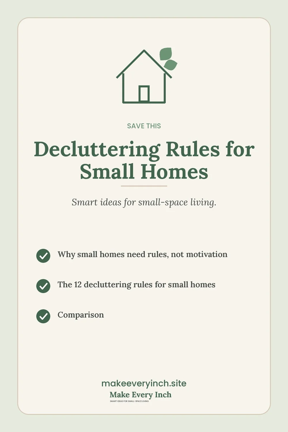 Save-this Pinterest pin with a short checklist for: Decluttering Rules for Small Homes