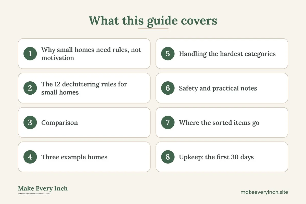 Graphic listing 8 topics covered in: Decluttering Rules for Small Homes