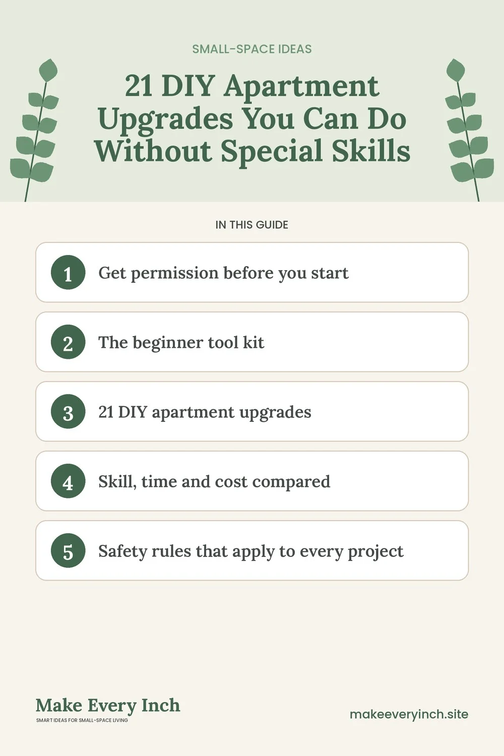Pinterest pin listing the main topics in: 21 DIY Apartment Upgrades You Can Do Without Special Skills