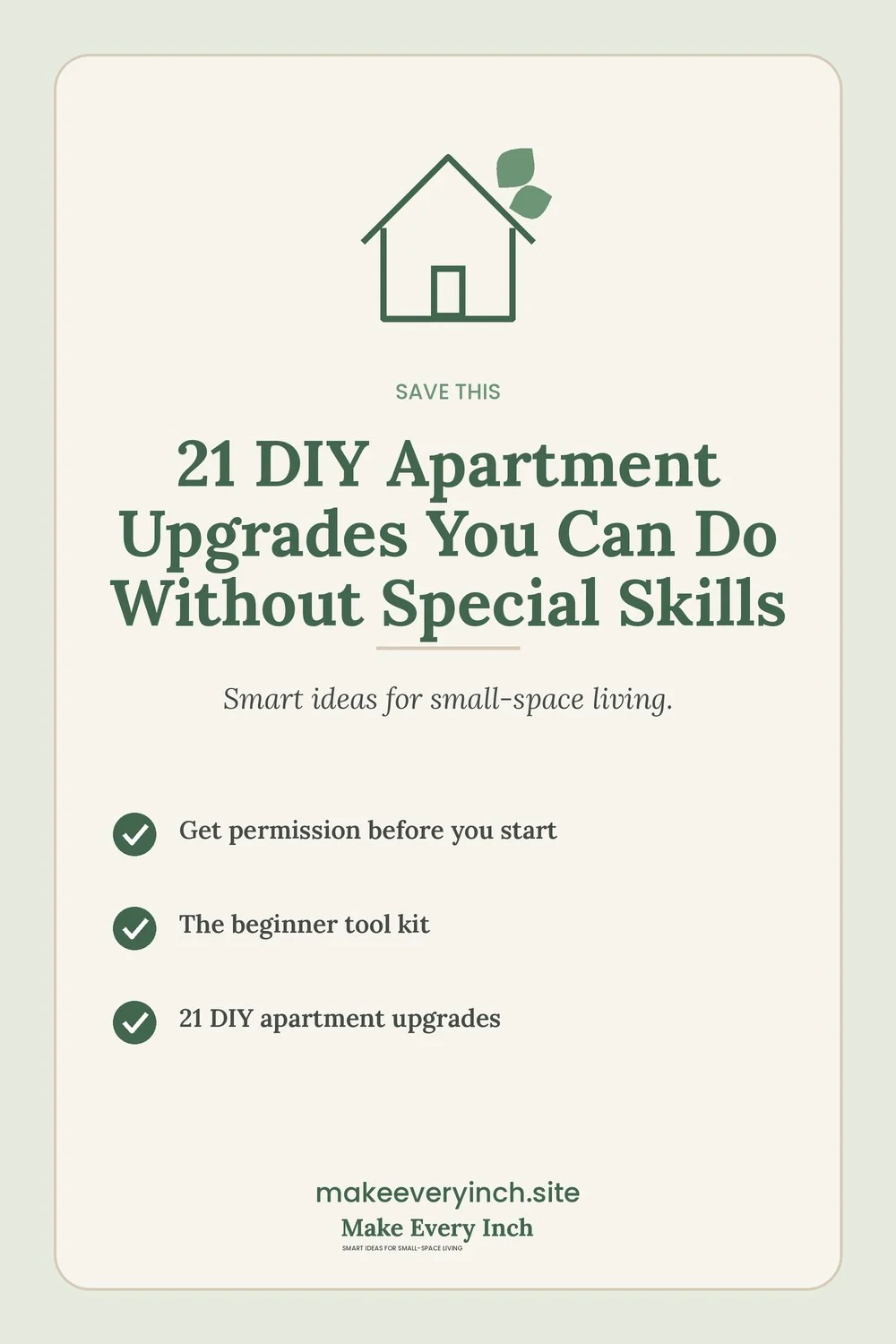 Save-this Pinterest pin with a short checklist for: 21 DIY Apartment Upgrades You Can Do Without Special Skills