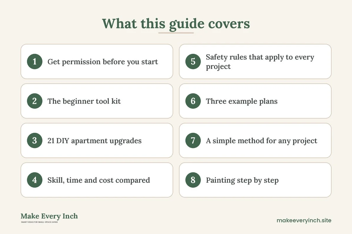 Graphic listing 8 topics covered in: 21 DIY Apartment Upgrades You Can Do Without Special Skills
