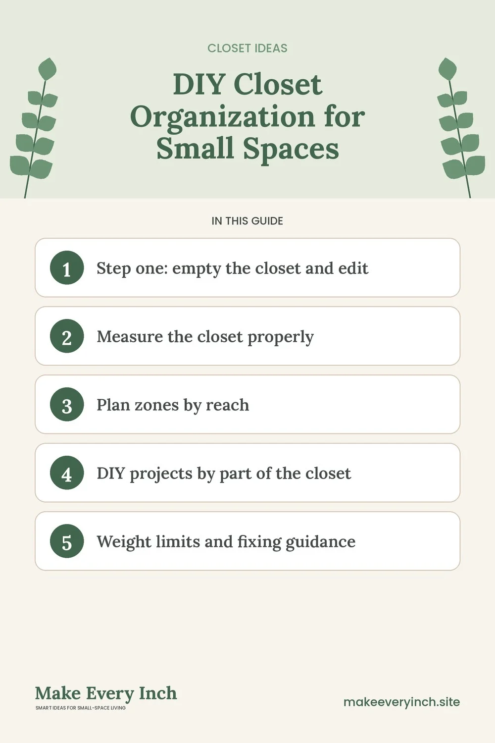 Pinterest pin listing the main topics in: DIY Closet Organization for Small Spaces