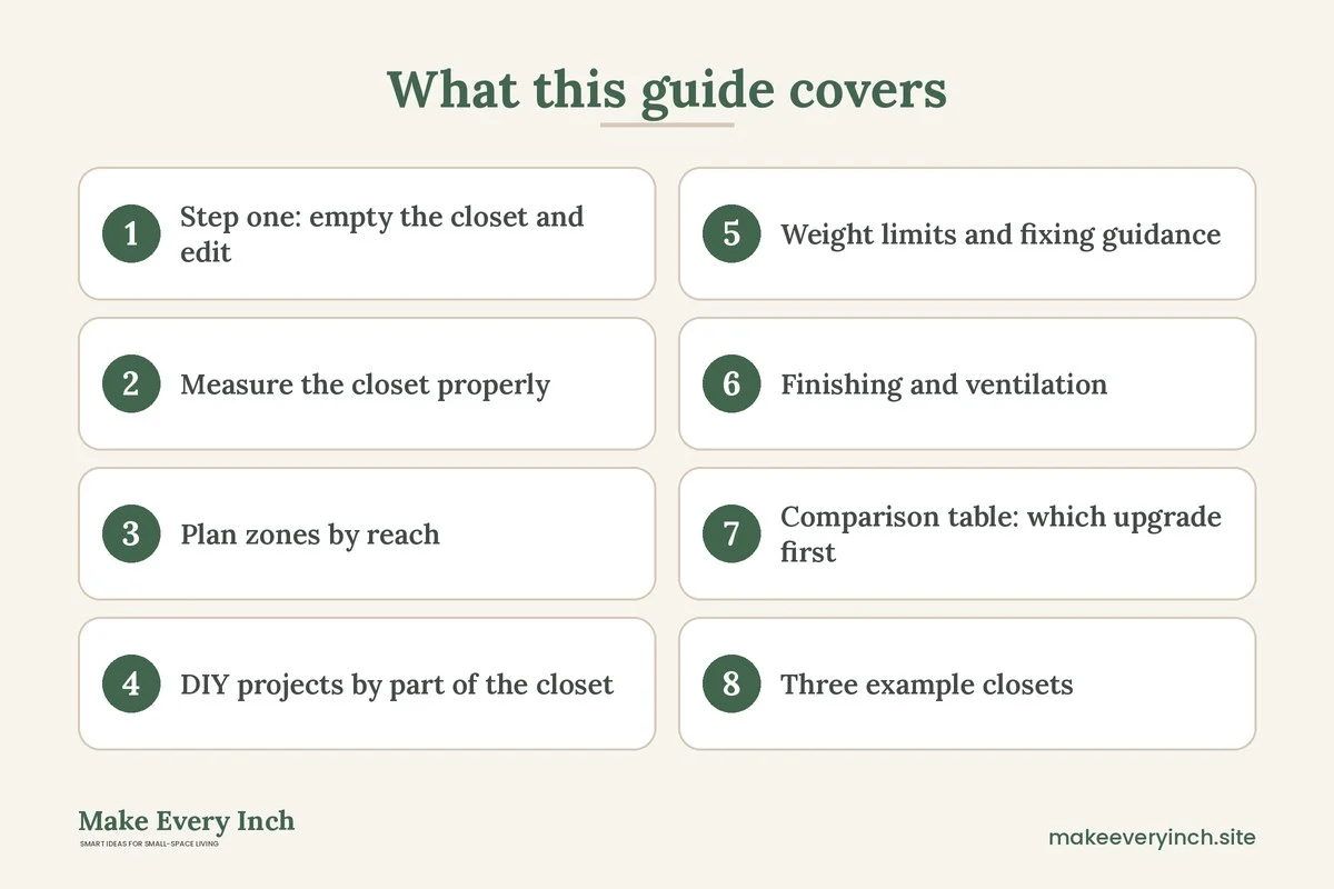 Graphic listing 8 topics covered in: DIY Closet Organization for Small Spaces