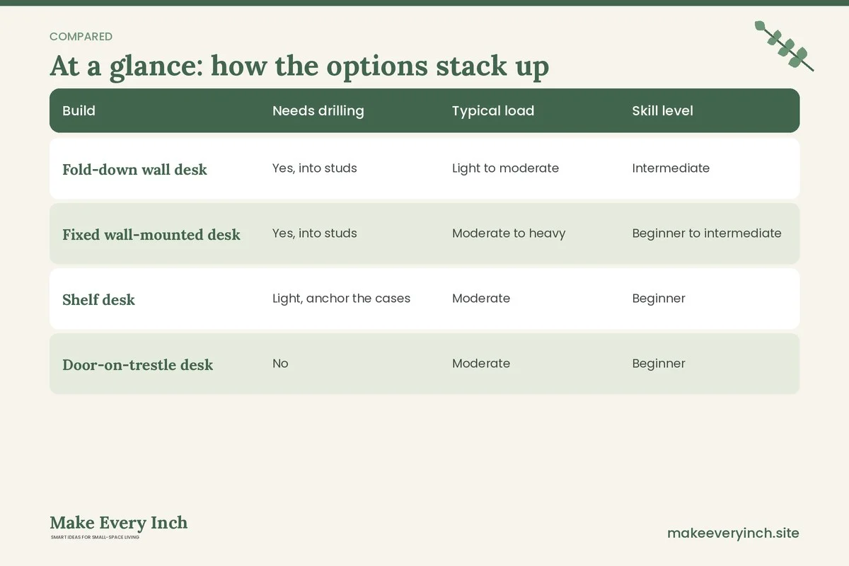 Comparison table of options for: DIY Desk Ideas for Small Spaces (Build, Needs drilling, Typical load, Skill level)