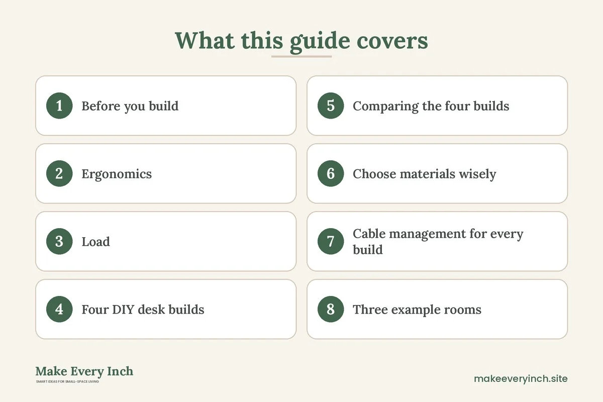 Graphic listing 8 topics covered in: DIY Desk Ideas for Small Spaces