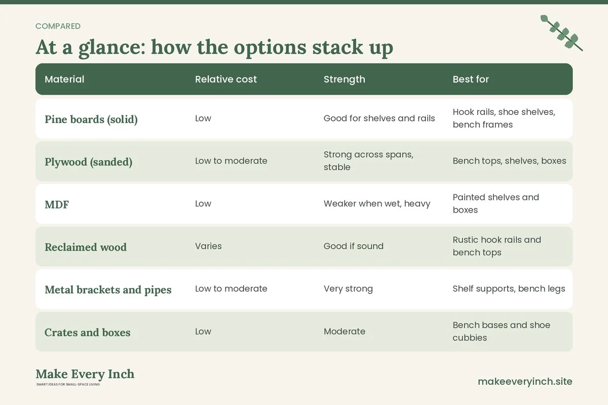 Comparison table of options for: DIY Entryway Storage for Tiny Homes (Material, Relative cost, Strength, Best for)