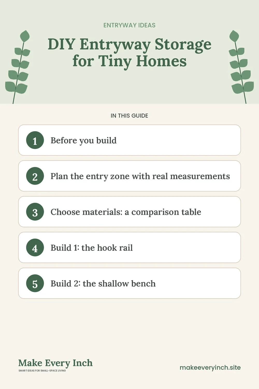 Pinterest pin listing the main topics in: DIY Entryway Storage for Tiny Homes