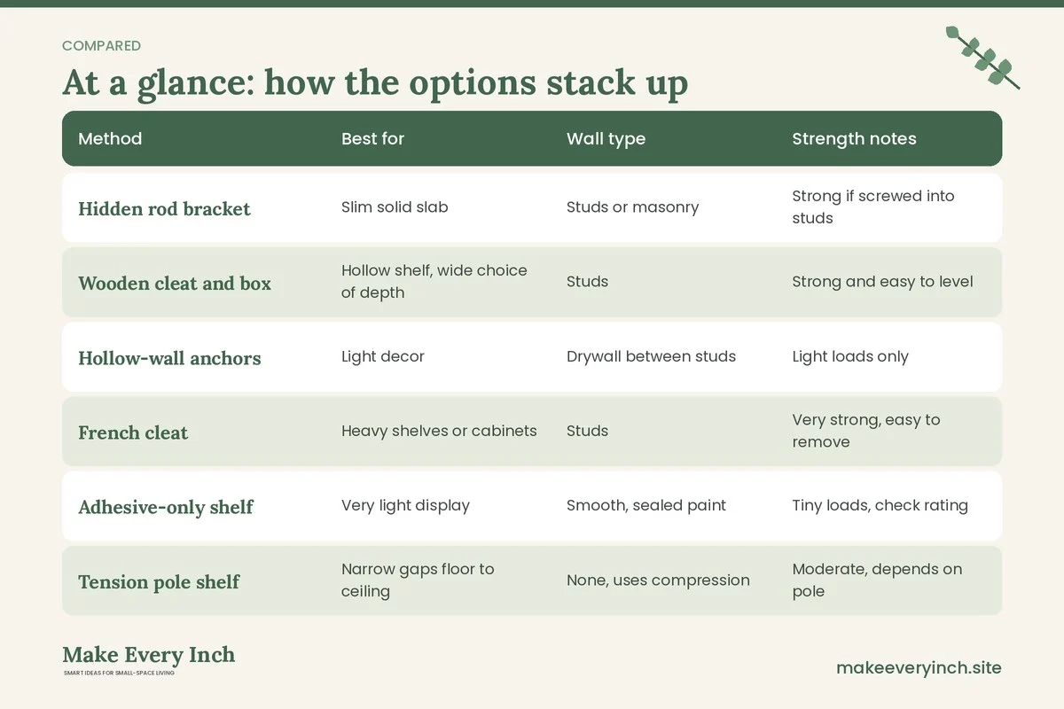 Comparison table of options for: 12 DIY Floating Shelf Ideas for Small Rooms You Can Build (Method, Best for, Wall type, Strength notes)