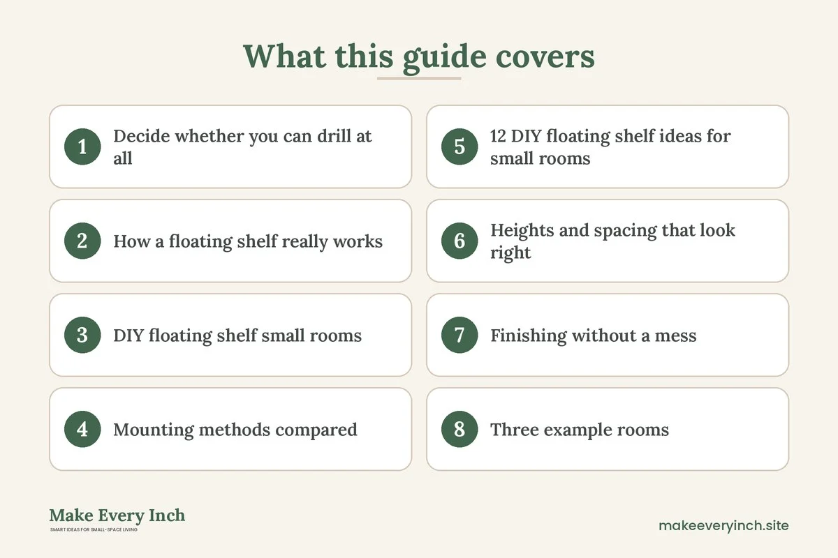 Graphic listing 8 topics covered in: 12 DIY Floating Shelf Ideas for Small Rooms You Can Build