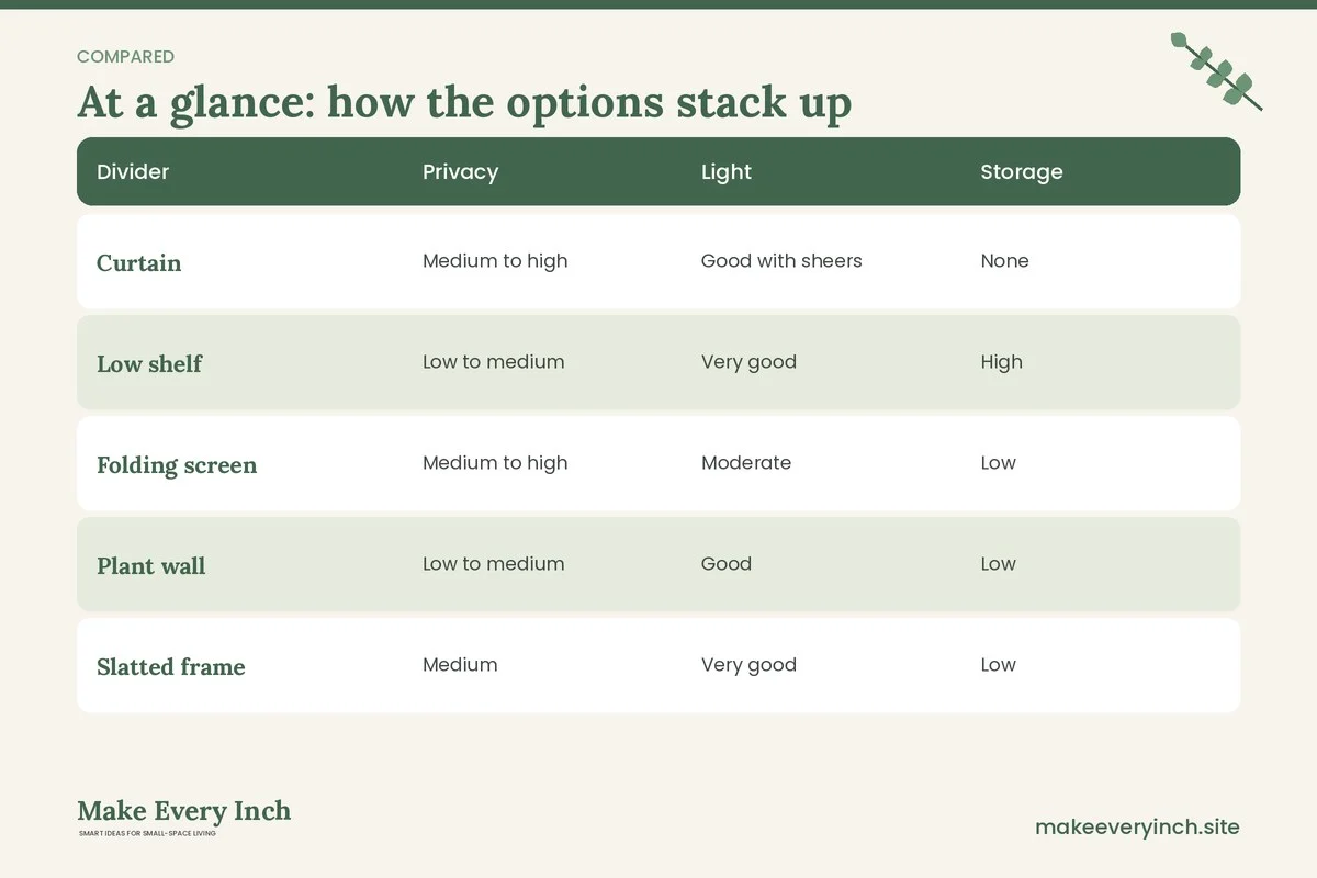 Comparison table of options for: DIY Room Divider Ideas for Studio Apartments (Divider, Privacy, Light, Storage)