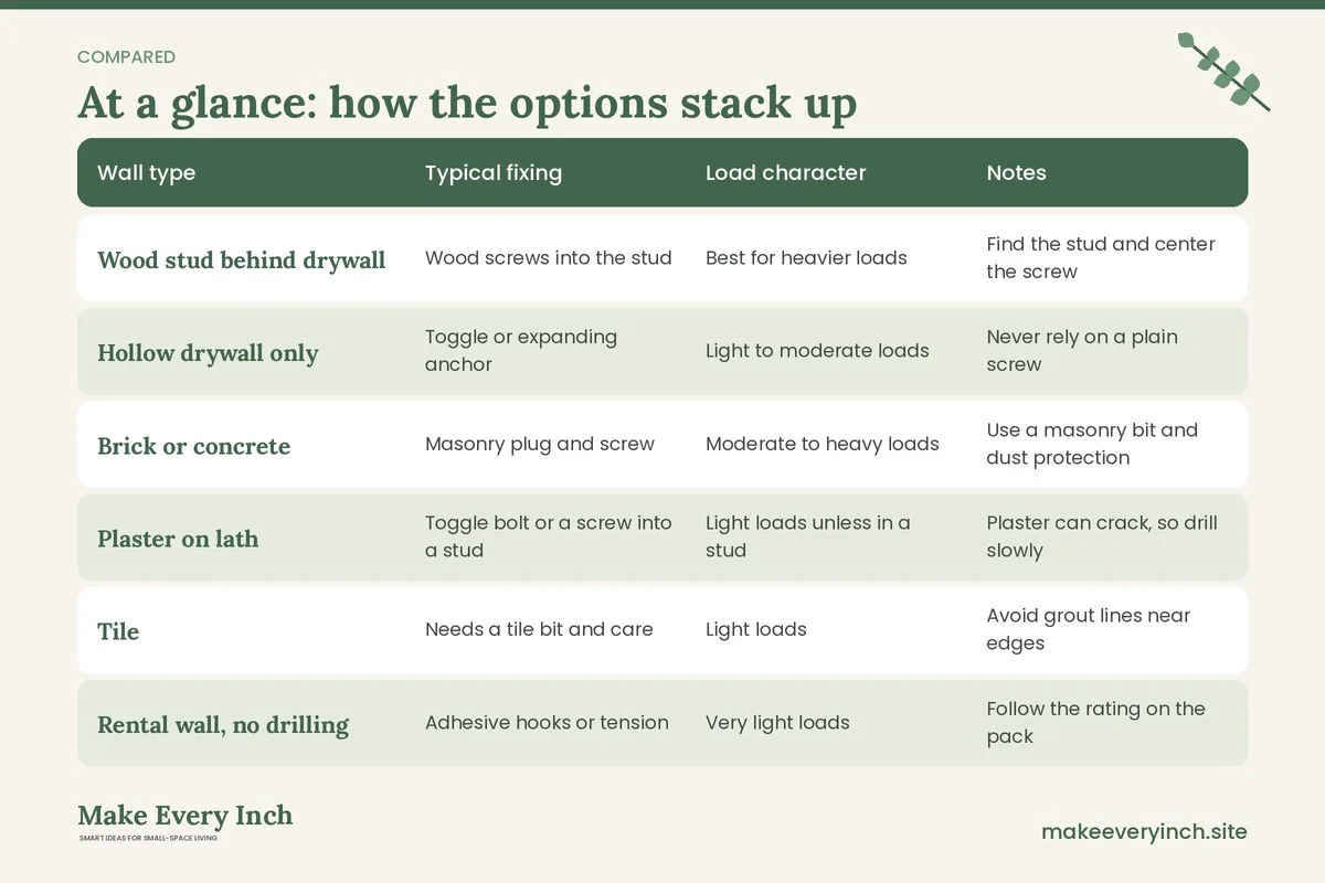 Comparison table of options for: DIY Storage Ideas for Small Homes (Wall type, Typical fixing, Load character, Notes)