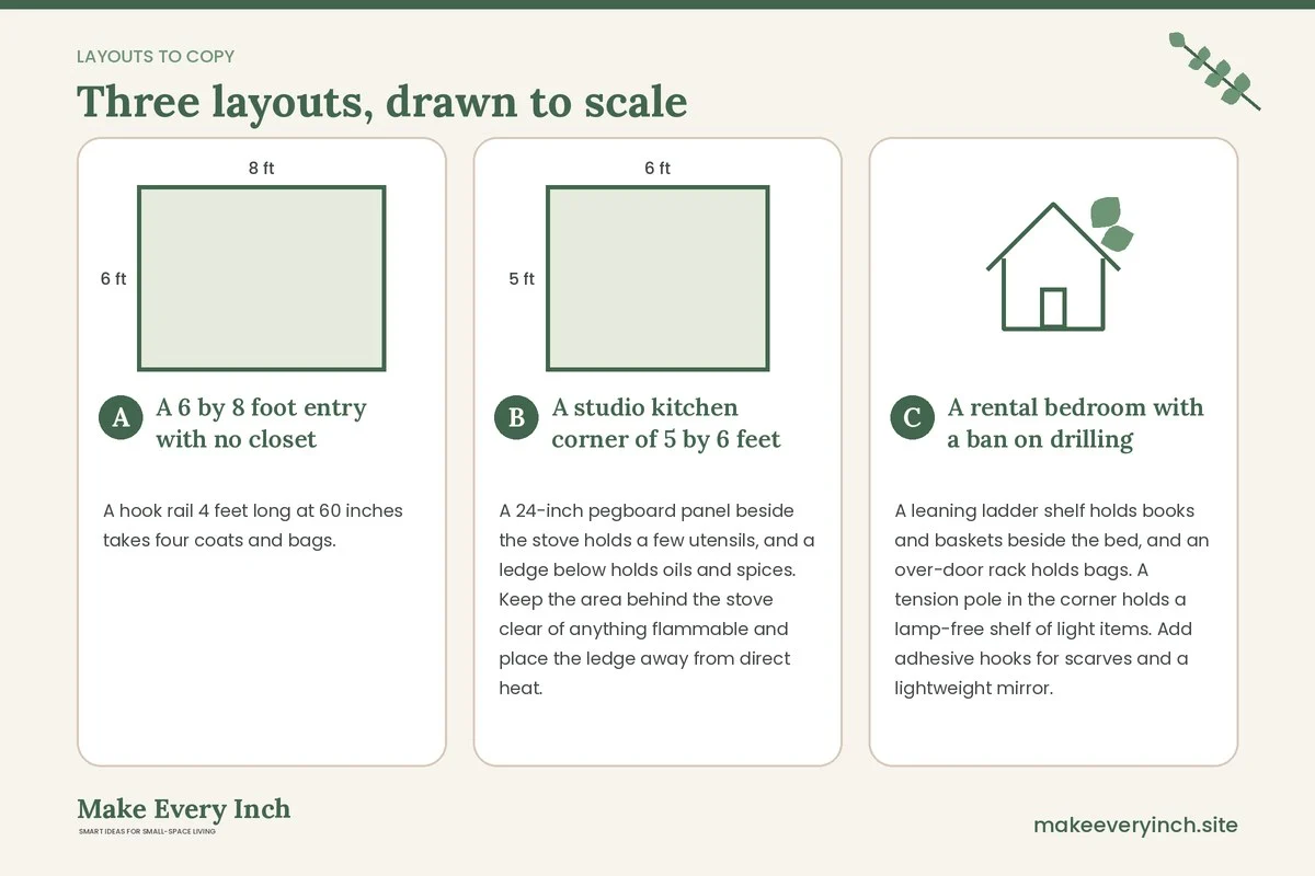 Three room layouts drawn to scale with dimensions and placement notes for: DIY Wall Storage Ideas for Small Spaces