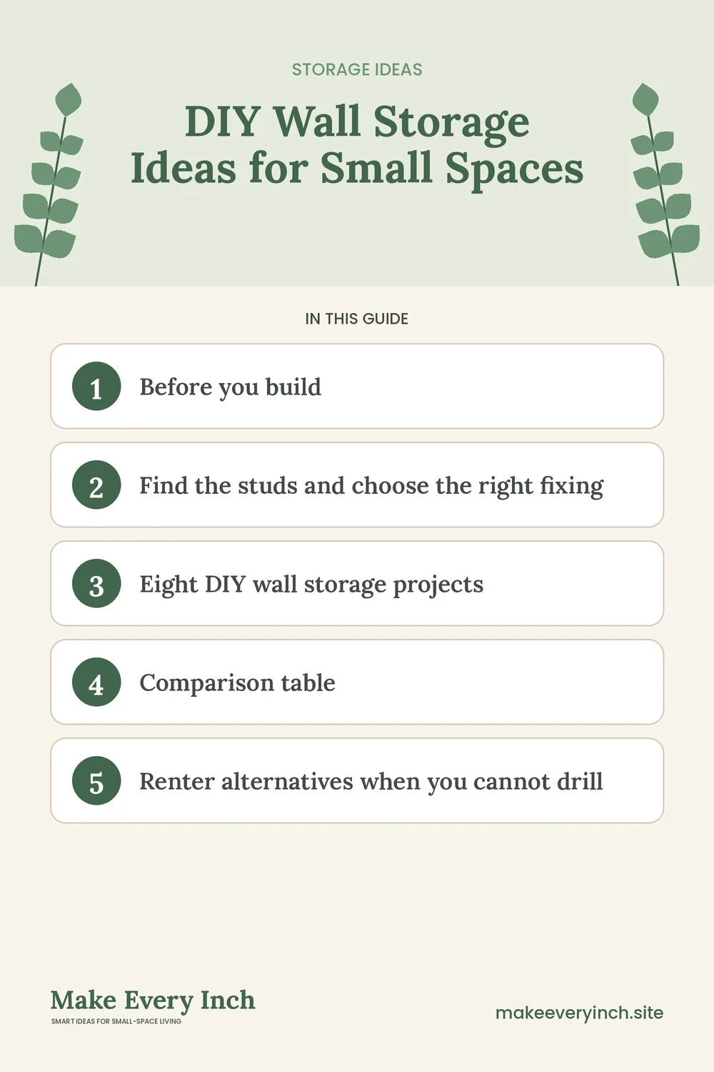 Pinterest pin listing the main topics in: DIY Wall Storage Ideas for Small Spaces