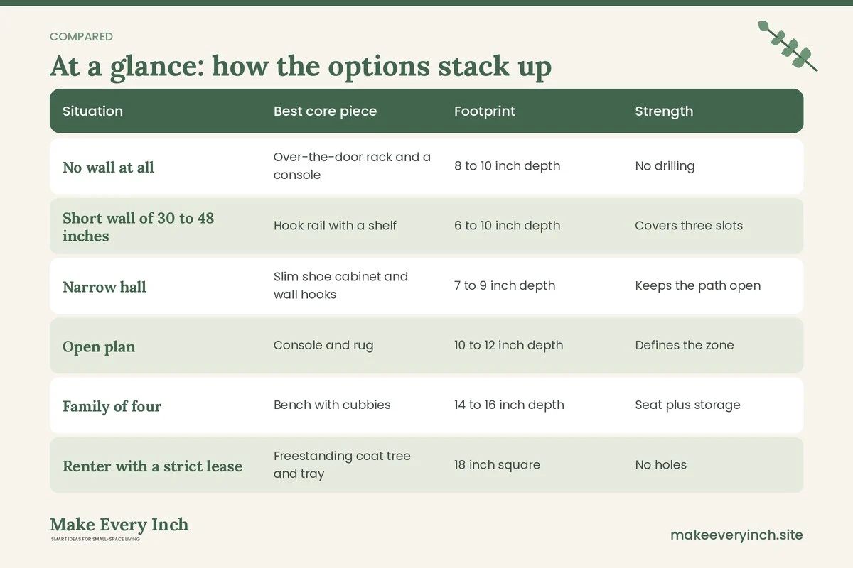 Comparison table of options for: 15 Entryway Drop Zone Ideas for Small Homes (Situation, Best core piece, Footprint, Strength)