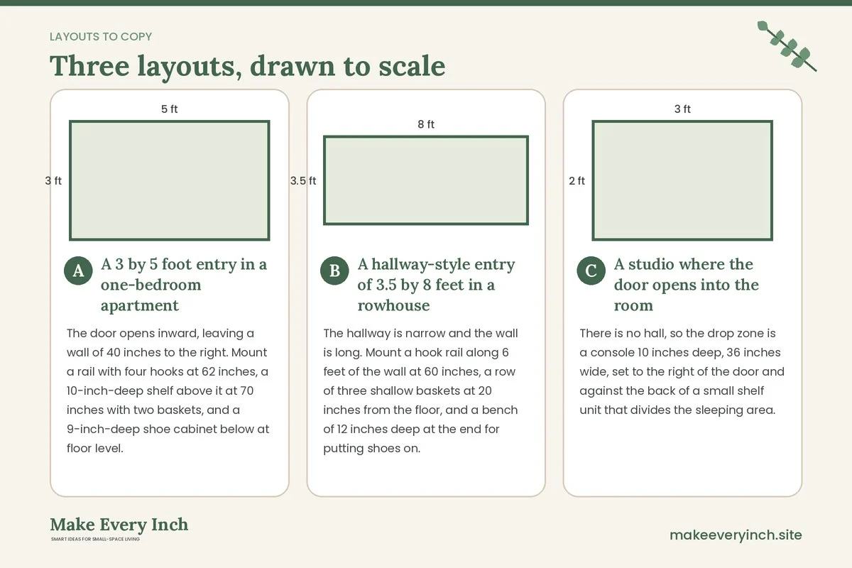 Three room layouts drawn to scale with dimensions and placement notes for: 15 Entryway Drop Zone Ideas for Small Homes