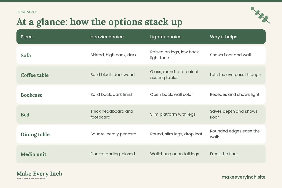 Comparison table of options for: Furniture That Makes Small Rooms Feel Bigger (Piece, Heavier choice, Lighter choice, Why it helps)