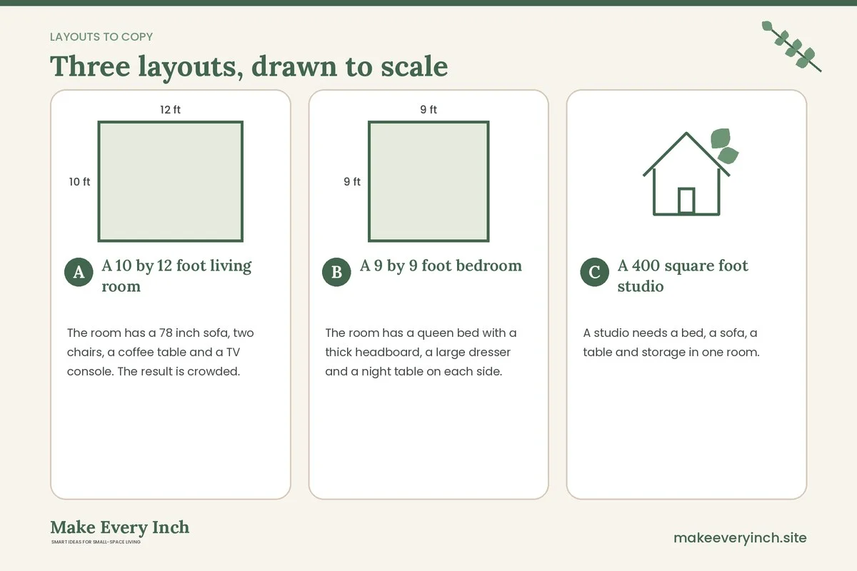 Three room layouts drawn to scale with dimensions and placement notes for: Furniture That Makes Small Rooms Feel Bigger